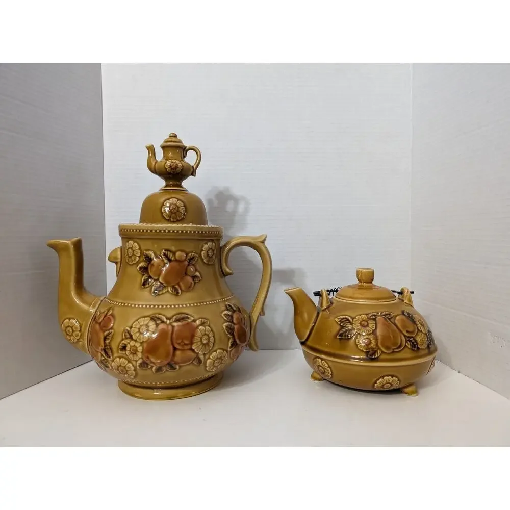 VINTAGE 1950s APCO JAPAN MCM LARGE AND SMALL TEAPOT Tan Ceramic